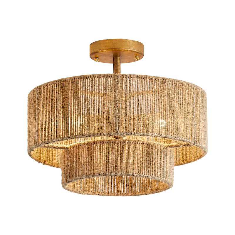 Bohemian Gold Natural Handmade Jute Rope 3-Light Two-Tier Drum Semi-Flush Mount Ceiling Light - 15.4" W x 12.6" H