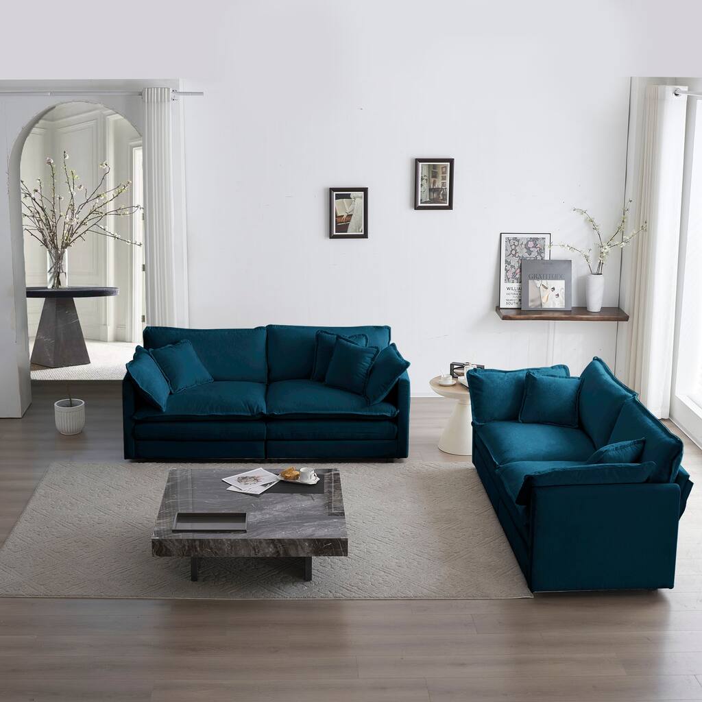 Flexible 2 Pieces Upholstered Loveseat and Sofa Couch Set with Two Loveseat
