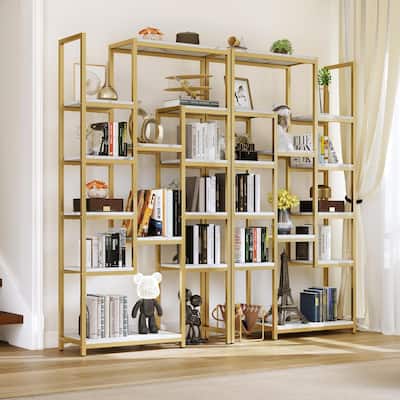 Large Wide Gold Bookshelf, Tall Modern Faux Marble Book Shelf and Bookcase, Open Display Shelves Storage Rack