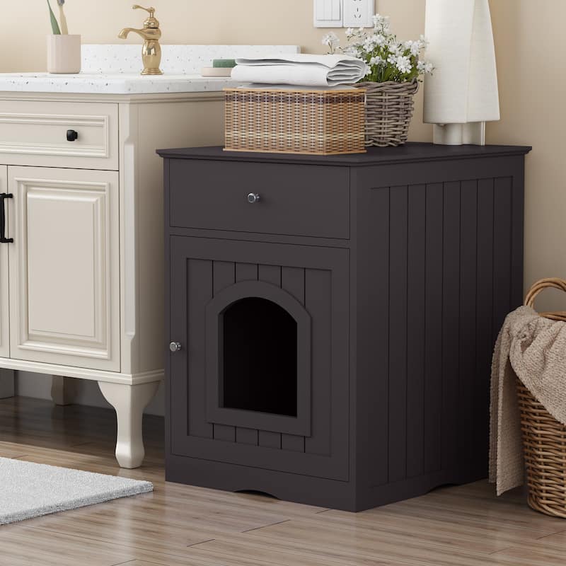 Anmytek White Shaker Style Cat Litter Box Cabinet with Storage for Laundry Room and Bathroom