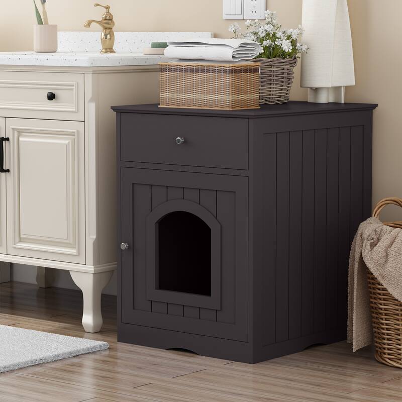 Wooden Cat Litter Box Enclosure Pet House Nightstand Indoor Pet Crate with Storage Drawer for Living Room