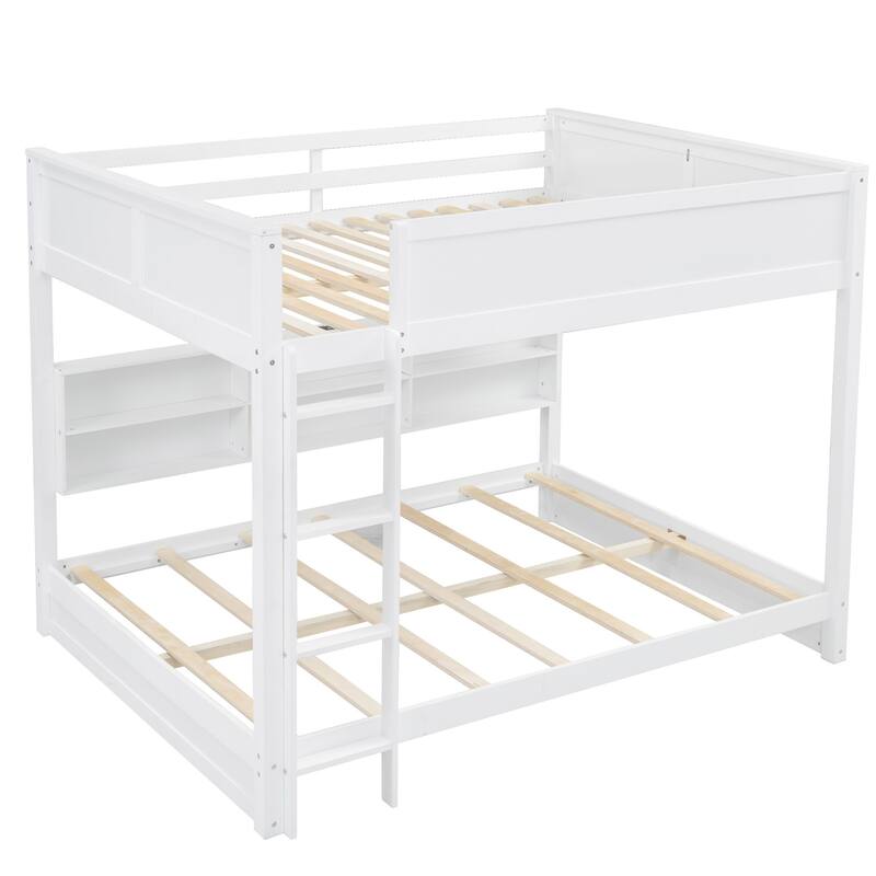 Wood Queen Bunk Bed with Storage Cabinets and USB Ports