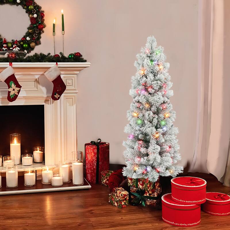 Puleo International 4.5 ft Pre-lit Flocked Portland Pine Pencil Artificial Christmas Tree