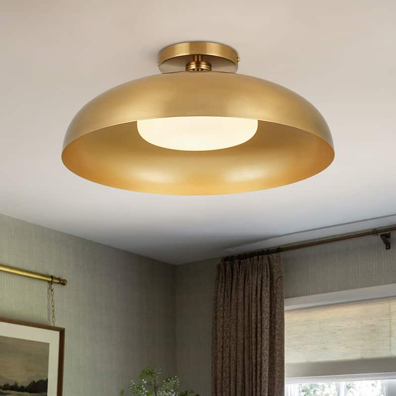 Scandinavian Iron Dome White Glass Dimmable LED Ceiling Light - Brass