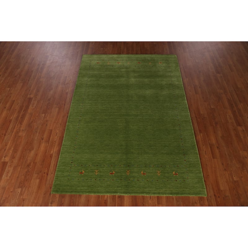 Hand Knotted Oriental 100% Wool Carpet Tribal Animal Pictorial Green Gabbeh Area Rug - 7' 8'' X 5' 3''