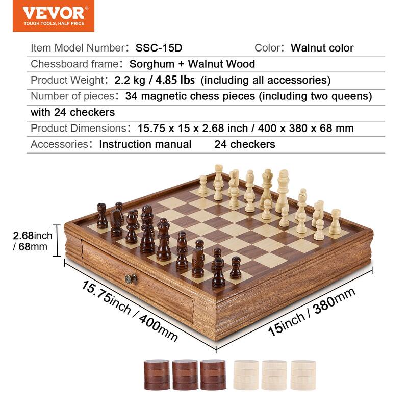 VEVOR Wood Chess Set Chess Checkers Game Set for Adults Kids Tournament Professional Beginner