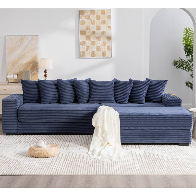 110.75" Corduroy Sectional Sofa, Convertible Sleeper Sofa Bed L-Shaped Upholstered Couch with Removable Footstool, Cup Holder