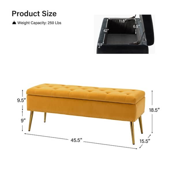 dimension image slide 18 of 19, HULALA HOME Neptunus Modern 45.5" W Velvet Bedroom Storage Bench for End of Bed with Nailhead Trim