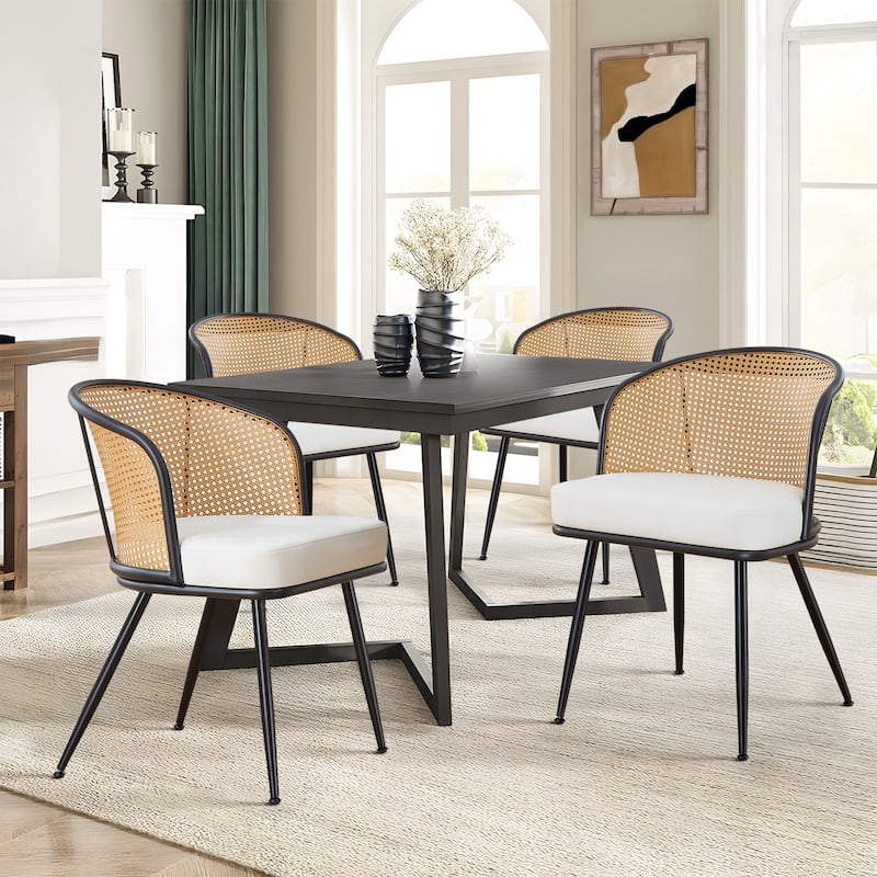Upholstered Rattan Dining Chairs with Metal Legs Set of 2/4 - 29.92"H x 20.5"W x 23.03"D - Set of 4 - PU-White