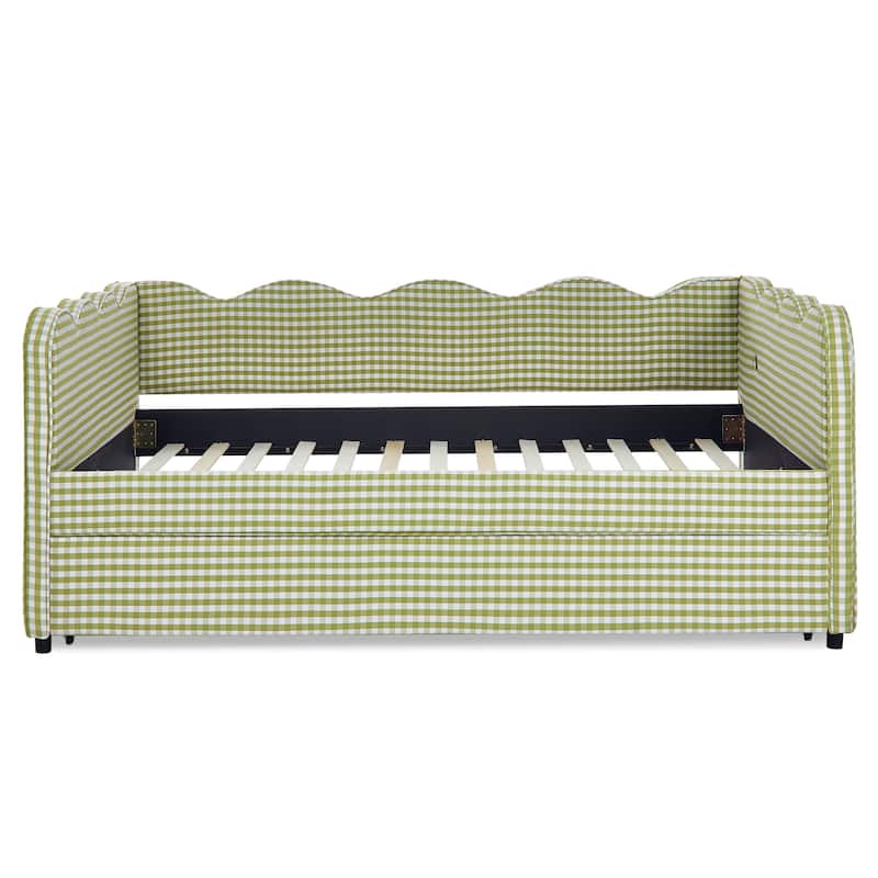 Full Size Gingham Daybed with Twin Trundle, USB Port, Wave Shaped Design & Linen Fabric - No Box Spring Needed