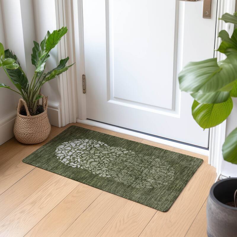 Machine Washable Indoor/ Outdoor Chantille Modern Mosaic Rug - Olive - 1'8" x 2'6"