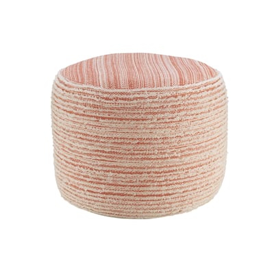 18" Peach and White Distressed Round Pouf Ottoman