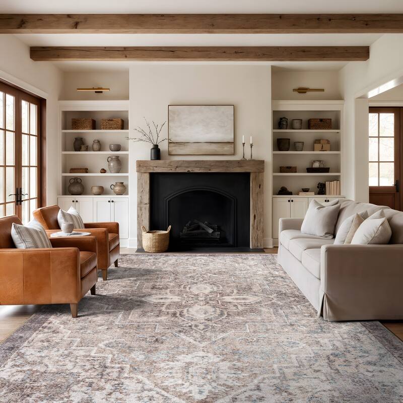 Beige Floral Medallion Washable Rug - Low Pile, Non-Slip - Beige - 9' x 12'
