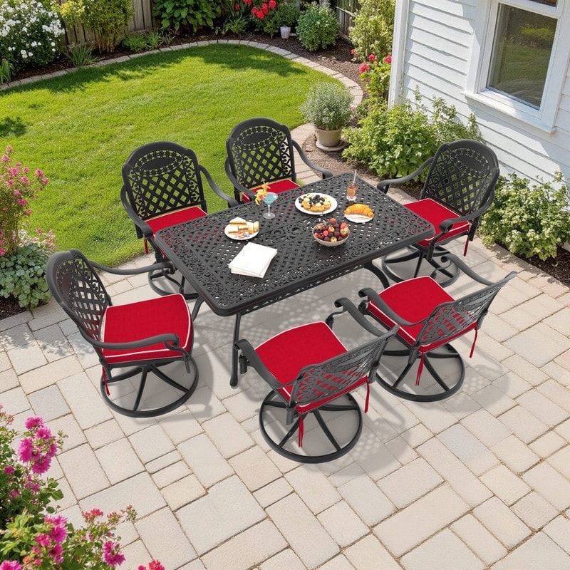 7-Piece Aluminum Rectangular Outdoor Patio Dining Set, 6 Cushioned Swivel Chairs, Table, All-Weather Frames