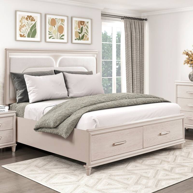 Upholstered LED Bed Platform Storage Drawers 1pc