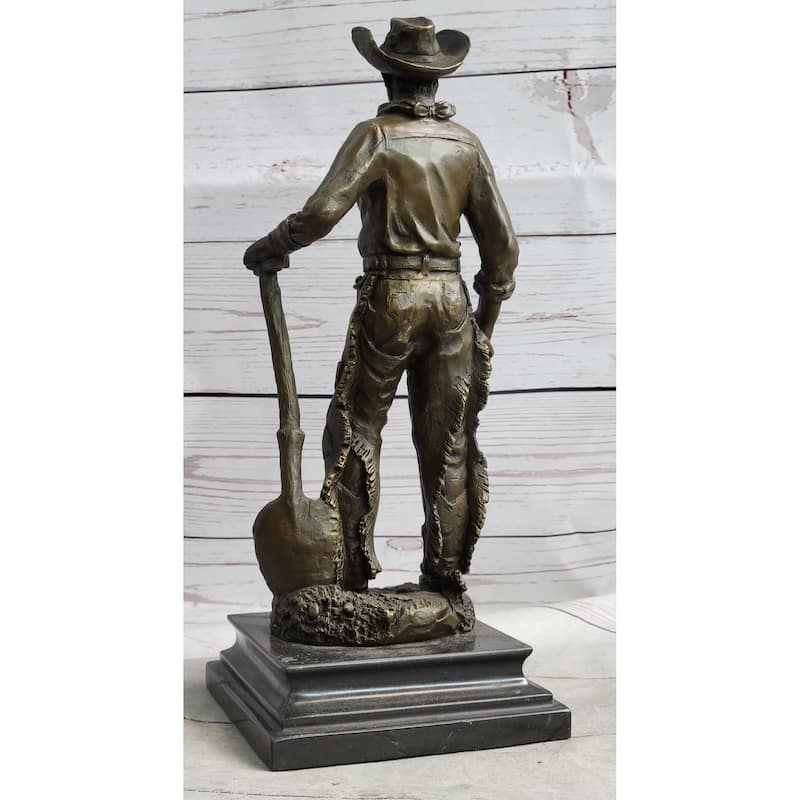 Cowboy In Chaps Holding Shovel Bronze Statue Sculpture Figure Country Western 12 Inches X 5 Inches