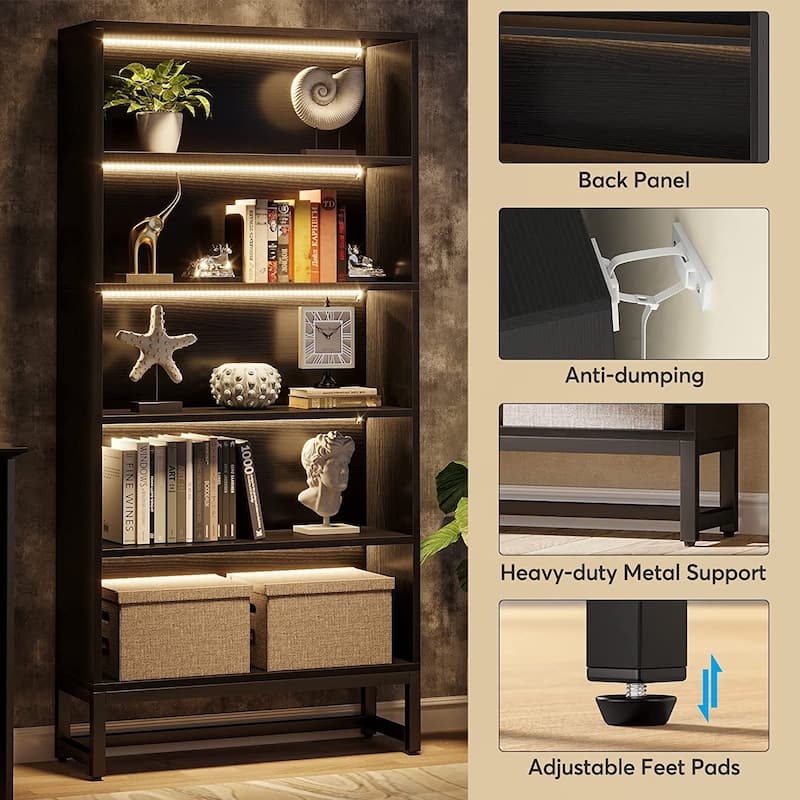70.8" Tall Bookcase 5-tier Black Bookshelf with LED Lights for Home
