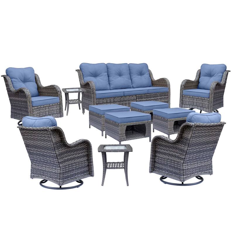 11 Piece Outdoor Wicker Patio Conversation Swivel Chairs Furniture Set