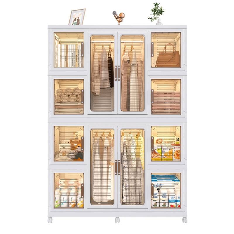 Portable Wardrobe Closet with Magnetic Doors, 12 Cubes & Hanging Rods, 16 Hangers Included - White