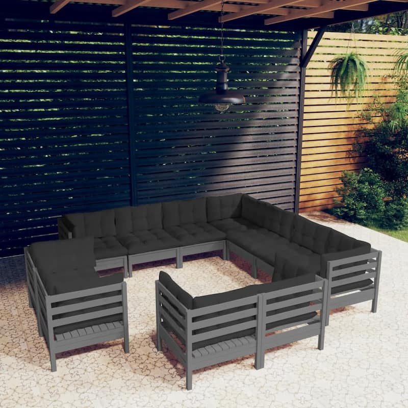 vidaXL Solid Pinewood Patio Lounge Set 12 Piece with Cushions Multi Colors - 25" x 25" x 24.6" - Grey