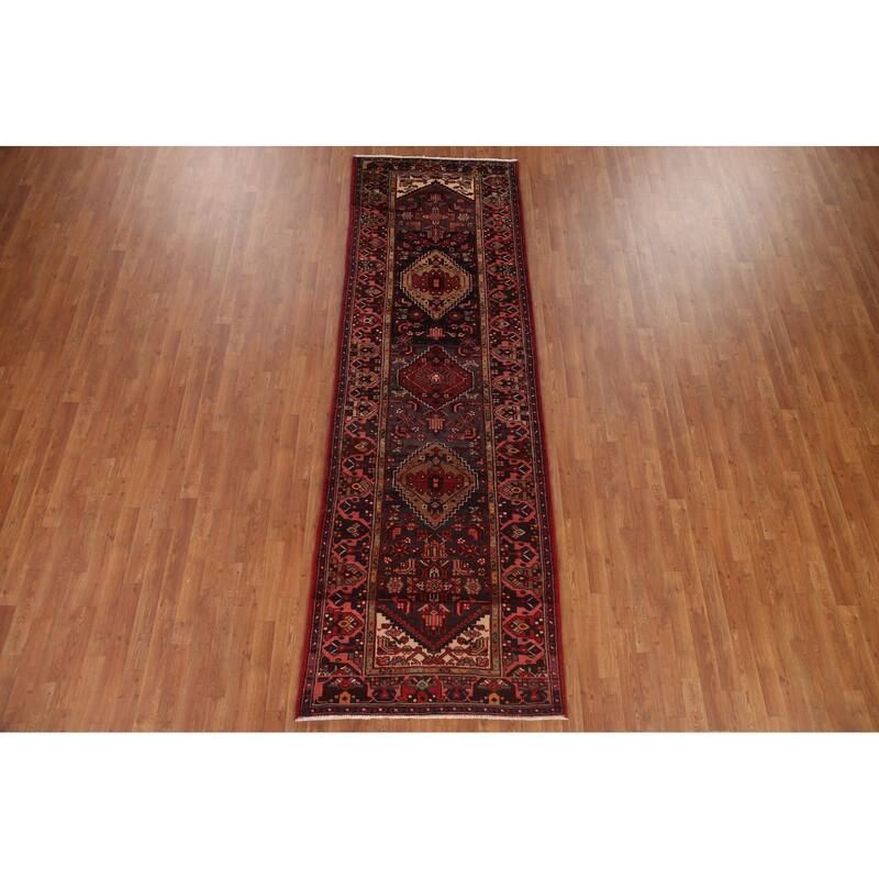 Hand Knotted Oriental 100% Wool Carpet Traditional Tribal Navy Blue & Blues Hamedan Runner Rug - 10' 9'' X 3' 6''