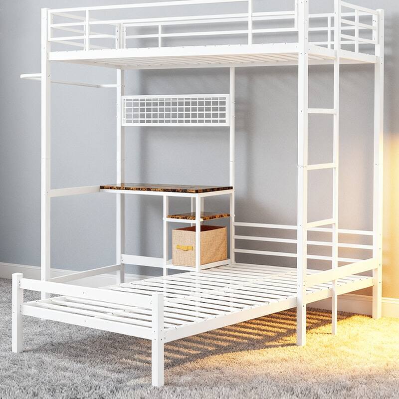 Bunk Bed Twin Over Twin Size with Desk Station L-Shaped Metal Bunk Bed Storage Shelves and Drawers Loft Beds