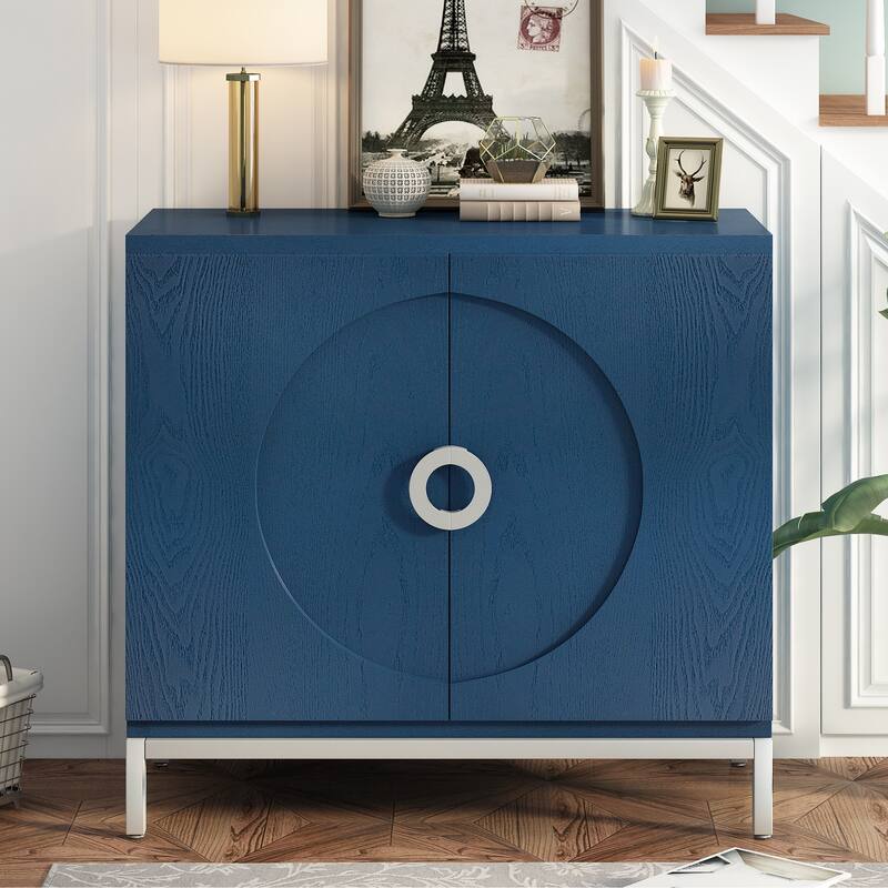 Simple Storage Cabinet Accent Cabinet with Solid Wood Veneer and Metal Leg Frame for Living Room, Entryway, Dining Room - Navy Blue