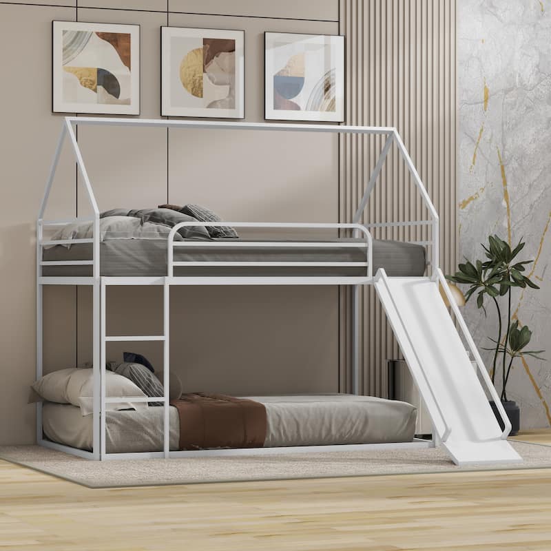 Metal Twin Over Twin Bunk Bed with Ladder and Slider, Sturdy and Safe Design