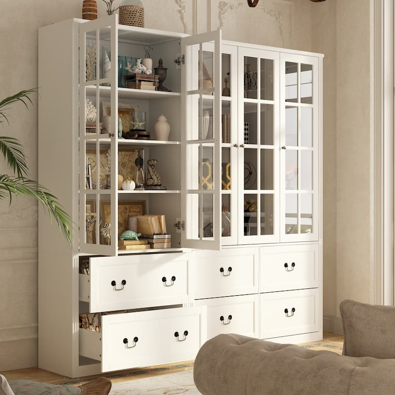 78.7" Combo Buffet Bookcase Storage Cabinet Glass Bookshelf Display