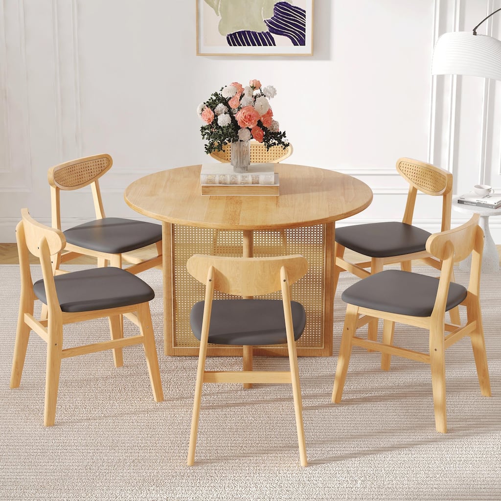 Wooden Dining Table Set for 6, 7 Pcs Kitchen Table Chairs Set with Round Dinner Table and 6 Upholstered Chairs