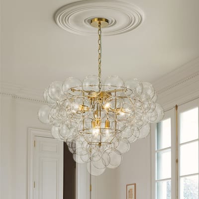 27in Brushed Brass Bubble Style Clear Glass Globe Chandelier
