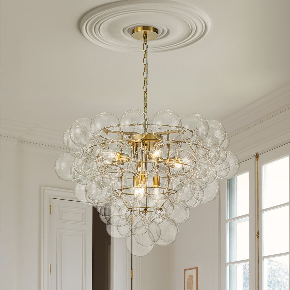 27in Brushed Brass Bubble Style Clear Glass Globe Chandelier