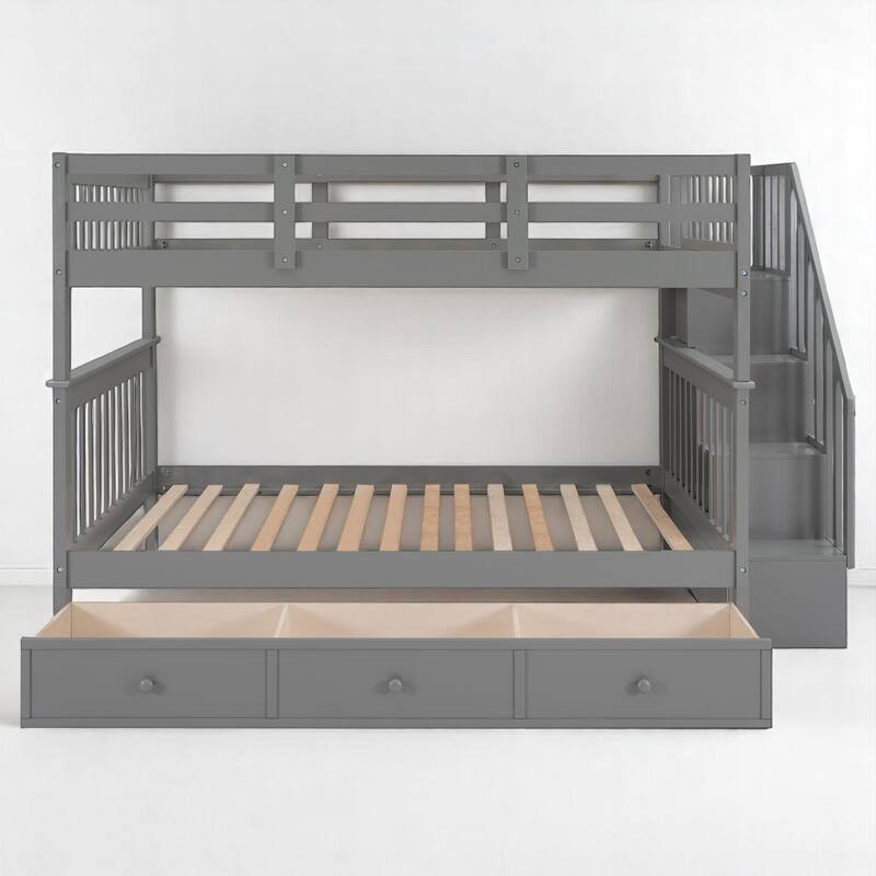 Full Over Full Bunk Bed with Storage Staircase and Shelves, Convertible Design, No Box Spring Needed,kid beds