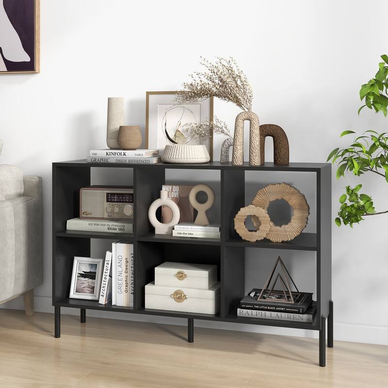 Modern Open Back Engineered Wood 6-Cube Bookshelf with 2 Adjustable Shelves and Metal Legs - 47" x 14" x 31.5" (L x W x H)