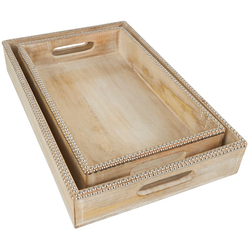 Mango Wood Tray with Silver Beaded Rim - Set of 2 Light Brown - Roche River Decor - 12"W x 19"L x 3"H