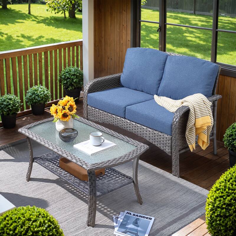 HOOOWOOO 2-piece Outdoor Rattan Wicker Loveseat Sofa with Coffee Table - Denim Blue