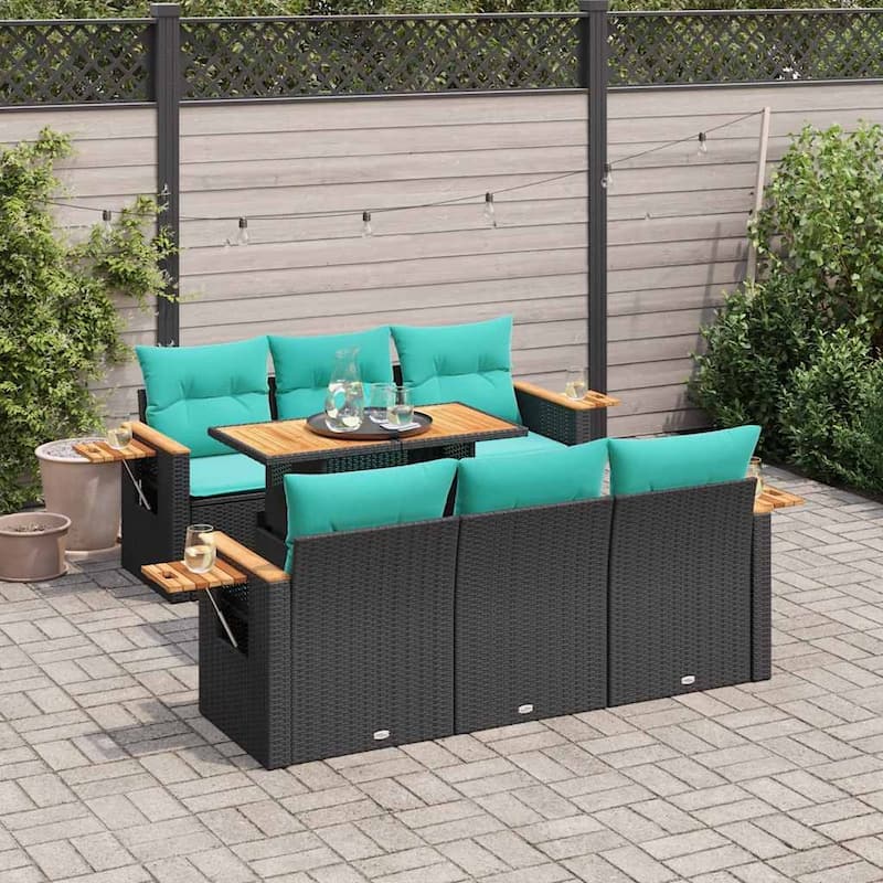 vidaXL Patio Sofa Set with Cushions Seat Modules 7 Piece Poly Rattan Acacia - 21.7 x 24.4 x 27.2