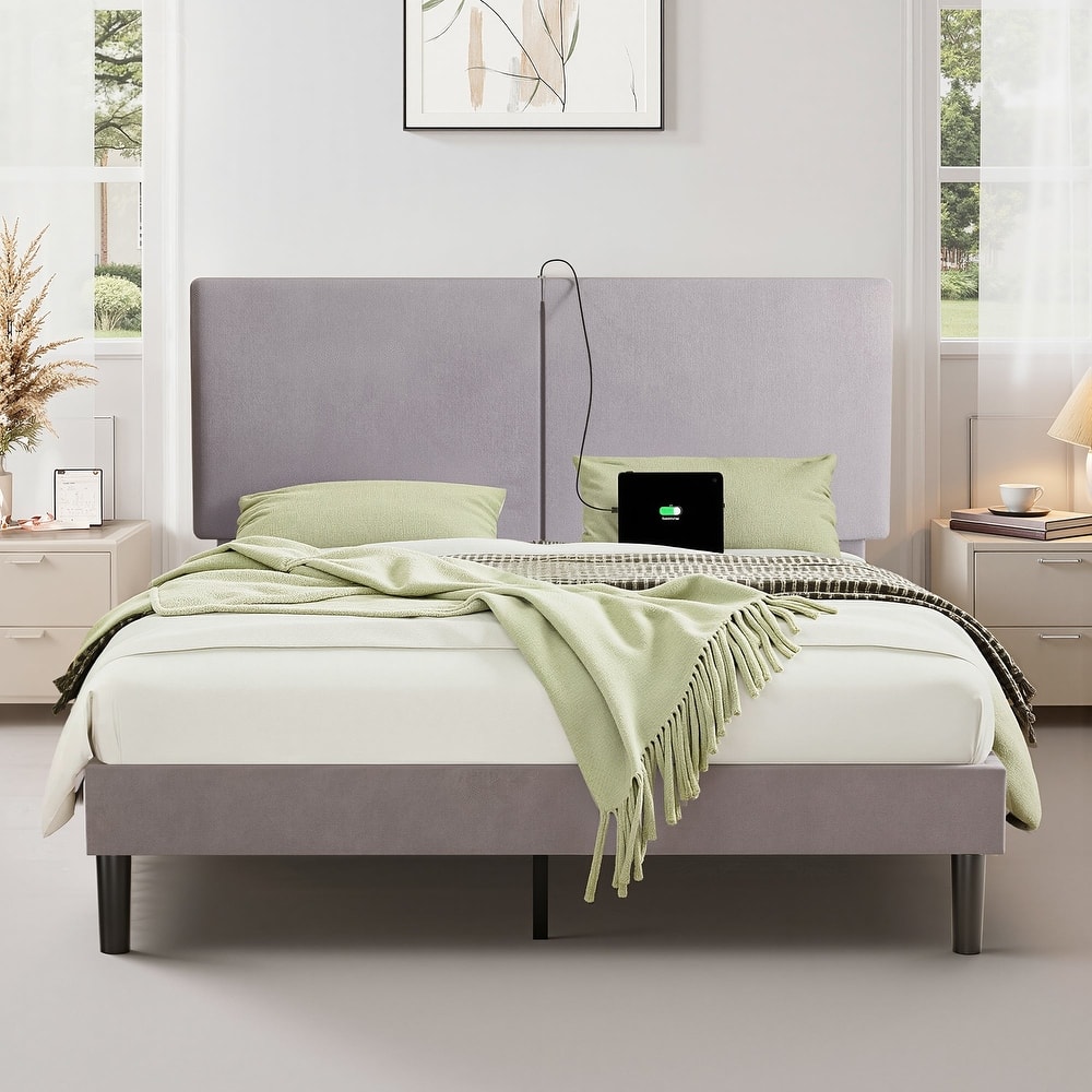Javlergo Upholstered Platform Bed Frame with 2 USB Charging Station & Adjustable Headboard No Box Spring Needed
