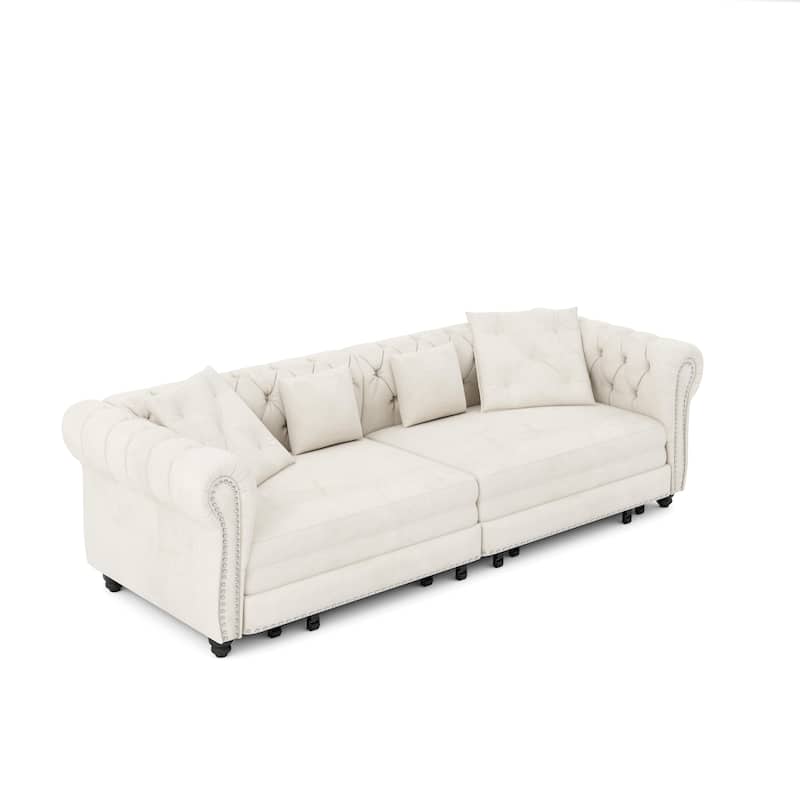 Oversized Chesterfield Loveseat Sofa, Convertible Pull Out Sleeper Sofabed Velvet Couch Bed w/Movable Ottoman and Nailhead Trim