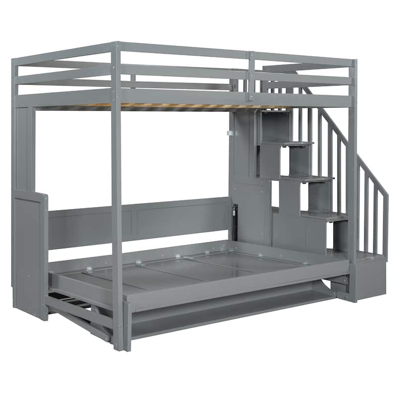 Full Over Full Size Murphy Bed with Hydraulic Lift and Desk Design, Solid Wood Bunk Murphy Bed Frame with Storage Staircase