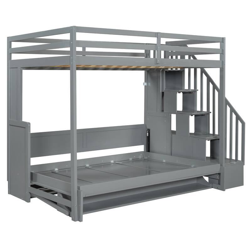 Full Over Full Versatile Wooden Murphy Bed with Storage Staircases & Desk, Space-Saving Foldable Wall Bed with Hydraulic Lift
