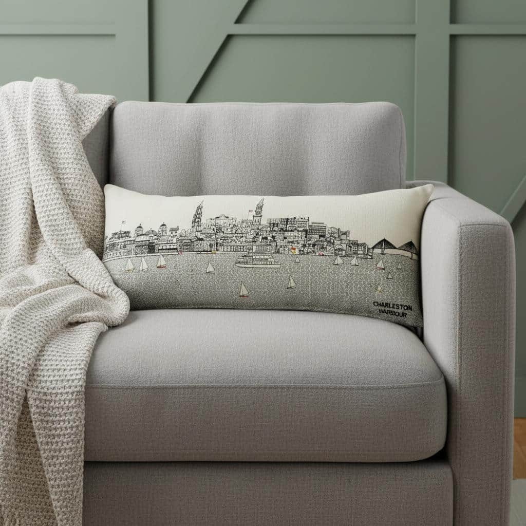 HomeRoots 14" X 35" Cream Charleston Daylight Skyline Lumbar Decorative Pillow