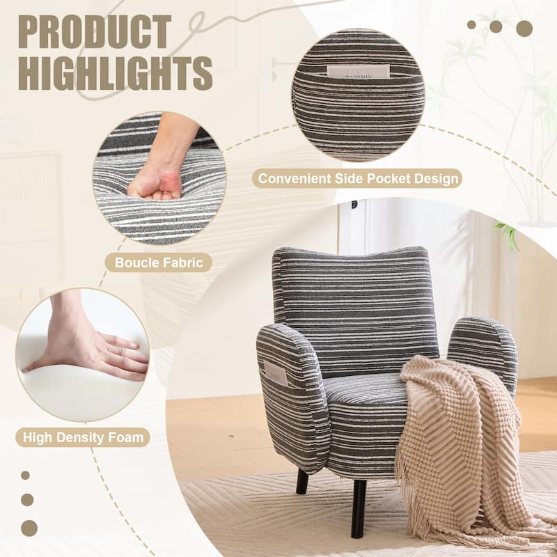 Boucle Upholstered Lounge Armchair, Reading Chair with Side Storage Pocket, Single Sofa Chair with Solid Wood Legs - Dark Gray