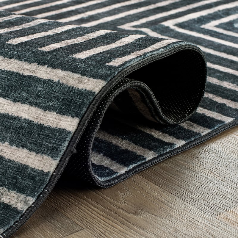 World Rug Gallery Distressed Bohemian Stripes Washable Non-Slip Area Rug Perfect for Neutral Spaces in Living Room, Entryway - 2'x10' Runner - Anthracite