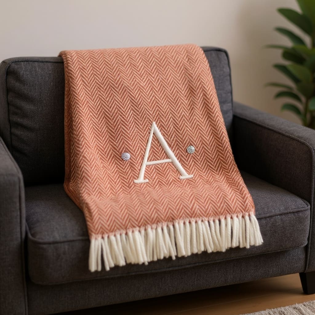 HomeRoots 55" X 70" Terra Cotta And White Herringbone Cotton Blend A Initial Throw Blanket with Tassels And Embroidery