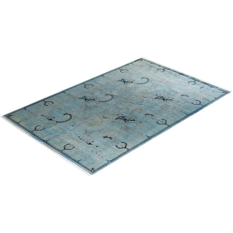 Overton Hand Knotted Wool Vintage Inspired Modern Contemporary Overdyed Blue Area Rug - 6' 3" x 9' 8"