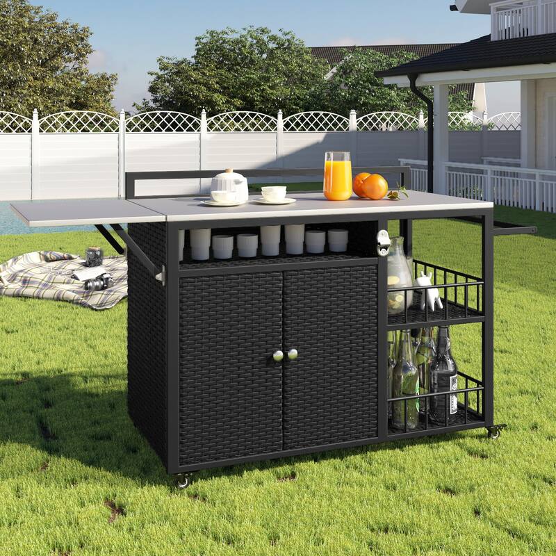 63.5" Outdoor Kitchen Island with Foldable Stainless Steel Tabletop, Outdoor Rattan Grill Cart with Open Shelves & Bottle Opener - Black