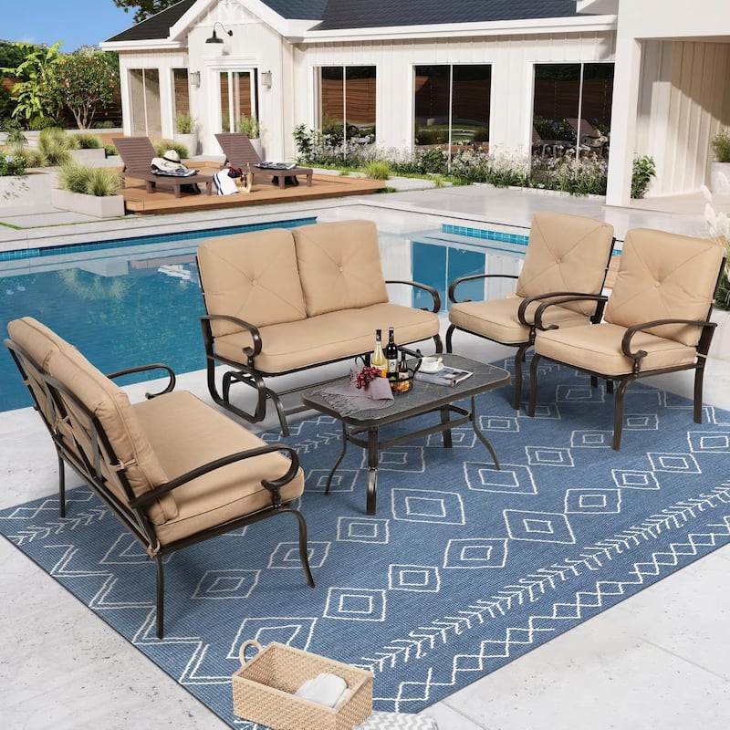 5-Piece Outdoor Patio Conversation Set Glider Loveseat and Rocker with Cushions - Brown