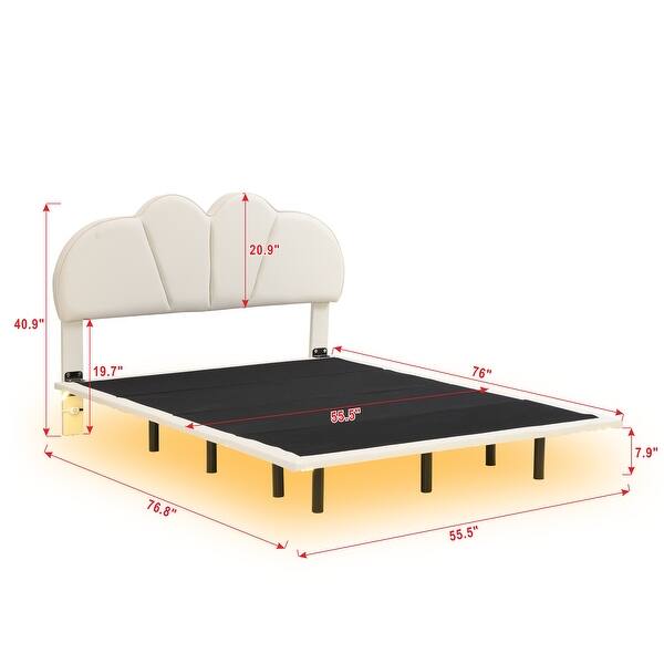dimension image slide 1 of 4, Full/Queen Size Upholstery LED Floating Bed with Headboard and Support Legs