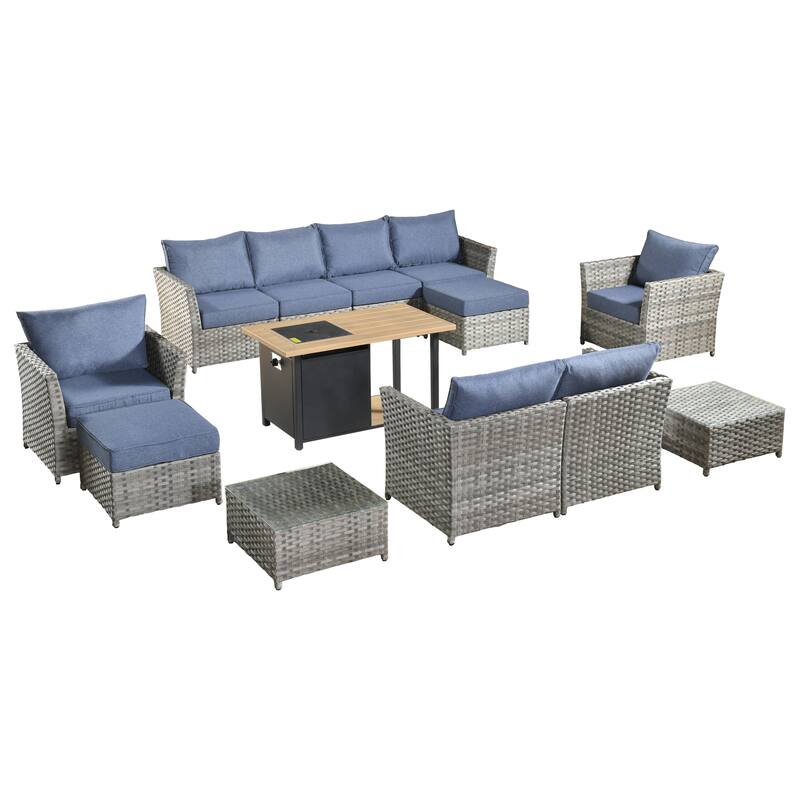 HOOOWOOO 13-piece Grey Wicker Rattan Patio Outdoor Sectional Set with Fire Pit